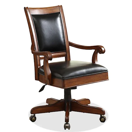 Caster Equipped Wooden Desk Chair with Leather Covered Seat